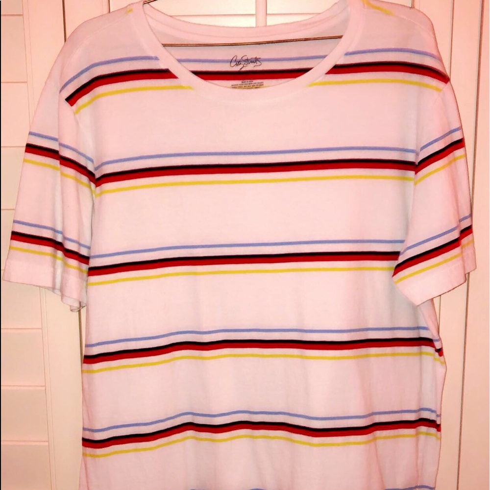 Red,light blue,navy blue, yellow stripped shirt